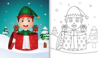 livro de colorir com personagens de natal de um elfo menino fofo na caixa de presente vetor