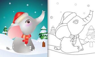 livro de colorir com um elefante fofo personagens de natal usando chapéu de papai noel e cachecol vetor