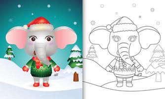 livro de colorir com um elefante fofo personagens de natal com um chapéu de papai noel, jaqueta e cachecol vetor