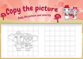copie a imagem do jogo infantil e a página para colorir com um elefante fofo usando fantasia de dia dos namorados vetor