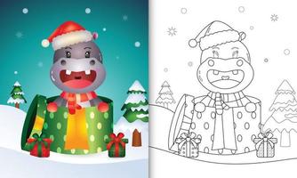 livro de colorir com personagens de natal de um hipopótamo fofo usando chapéu de papai noel e cachecol na caixa de presente vetor