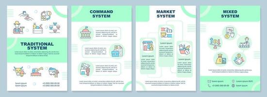 modelo de folheto verde de tipos de sistema econômico. bens de fabricação. design de folheto com ícones lineares. 4 layouts vetoriais para apresentação, relatórios anuais. arial-black, inúmeras fontes pró-regulares usadas vetor