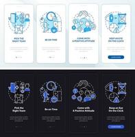 estratégias de sala de fuga na tela do aplicativo móvel de integração do modo noite e dia. passo a passo 4 passos páginas de instruções gráficas com conceitos lineares. ui, ux, modelo de gui. inúmeras fontes pró-negrito e regulares usadas vetor