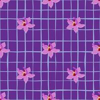 cores lilás orquídea flores formas padrão de doodle sem costura. fundo xadrez roxo. estilo simples. vetor