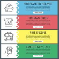 conjunto de modelos de banner da web de combate a incêndios. capacete, sirene de bombeiro, carro de bombeiros, chamada de emergência. itens de menu de cores do site com ícones lineares. conceitos de design de cabeçalhos vetoriais vetor