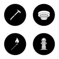 conjunto de ícones de glifo de combate a incêndios. machado de incêndio, hidrante, detector de fumaça, palito de fósforo aceso. ilustrações vetoriais de silhuetas brancas em círculos pretos vetor