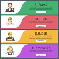 conjunto de modelos de banner da web de profissões. barman, médico, construtor, empregada. itens do menu de cores do site. conceitos de design de cabeçalhos vetoriais vetor