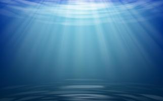 Fundo subaquático realista. As águas profundas do oceano, mar sob o nível de água, sol irradiam o horizonte azul da onda. Superfície da água conceito 3D vector