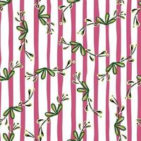 padrão de botay criativo sem costura com impressão de ramos florais aleatórios verdes. fundo listrado rosa e branco. vetor