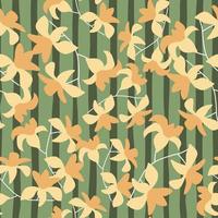padrão sem emenda de silhuetas de flores de Havaí laranja aleatório. fundo listrado verde. estilo abstrato. vetor