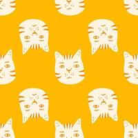padrão de gato sem costura brilhante de contraste. fundo amarelo brilhante com elementos de animais de rostos brancos. vetor