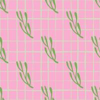 padrão de doodle sem costura em estilo geométrico abstrato com ramos verdes. fundo xadrez rosa. vetor