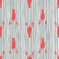 padrão sem emenda de lagosta vermelha de contraste. doodle animal marinho impressão com fundo azul listrado. pano de fundo aquático. vetor