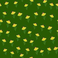 abstrato floral sem costura padrão com flores margaridas amarelas aleatórias sobre fundo verde. vetor