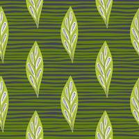 padrão sem emenda de estilo geométrico com doodle folhas ornamento de folhagem. fundo listrado verde. estampa de ervas. vetor