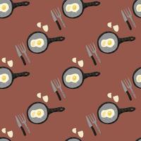 pequeno-almoço com padrão de doodle sem costura de ovos. ornamento de louça com omelete em fundo marrom. vetor