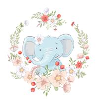 Cartaz cartão postal elefante pequeno bonito em uma coroa de flores. Desenho à mão. Vetor