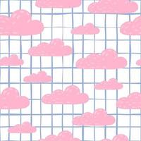 padrão de nuvens de doodle sem costura bonito aleatório. elementos do céu de tempo rosa sobre fundo xadrez branco. vetor