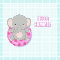 Olá Verão elefante fofo foram nadar anel dos desenhos animados. vetor