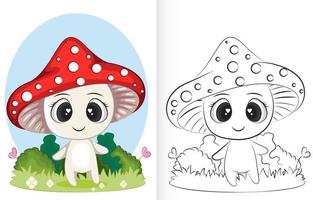 modelo de página de livro para colorir com desenhos animados de cogumelos fofos na grama vetor