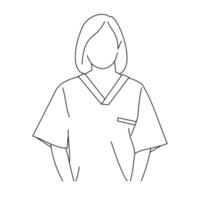 desenho de linha de ilustração de um jovem profissional de enfermagem médica vestindo uniforme e um estetoscópio ou estetoscópio. um retrato de um médico olhando para a câmera isolada no fundo branco vetor