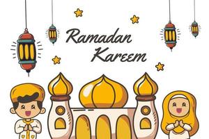 ramadan kareem com mesquita desenhada à mão com lanternas, estrelas e crianças muçulmanas vetor