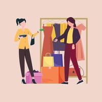 jovem feliz se divertindo com sacolas de compras. ilustração em vetor plana colorida dos clientes na boutique.