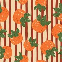 padrão de doodle sem costura aleatório com ornamento de caquis laranja. fundo listrado. vetor