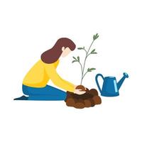 voluntário cuida da planta. mulher sentada e plantando árvore. vetor