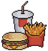pixel art ícone de vetor de hambúrguer, refrigerante e batatas fritas para jogo de 8 bits em fundo branco