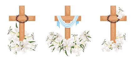 conjunto cruzes com lírios isolados no fundo branco. símbolos religiosos vetor