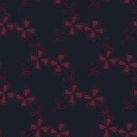 padrão escuro sem costura com silhuetas de trevo de quatro folhas vermelho. fundo preto. cenário de botânica flor. vetor