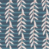 padrão sem emenda de álbum de recortes com ornamento de doodle de ramos de folhas de luz. fundo listrado azul marinho. vetor