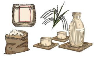 conjunto de saquê. bebida alcoólica de arroz japonesa tradicional. coleção de vaso de cerâmica e copo, talo e saco de arroz, barril de saquê. vetor