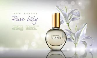 conceito de flores de perfume cosmético de luxo com pacote 3d e ilustração vetorial de fundo glitter bokeh
