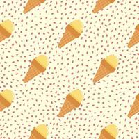 padrão sem emenda de comida com sorvete amarelo no cone de waffle. fundo branco com pontos vermelhos. vetor