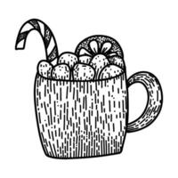 caneca com chocolate quente, pirulito, marshmallows e fatia de laranja como bebida de natal no estilo doodle cartoon. ilustração de tinta linear vetor