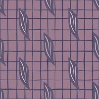 padrão de doodle sem costura roxo escuro com ornamento de folhas simples. fundo xadrez roxo. vetor
