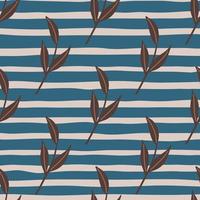 ramos de folhas diagonais marrons imprimem padrão sem emenda no estilo doodle. fundo listrado azul e cinza. vetor