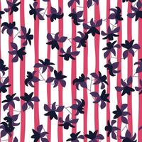 havaí roxo escuro abaixa o padrão sem emenda trópico. impressão aleatória em fundo listrado rosa e branco. vetor