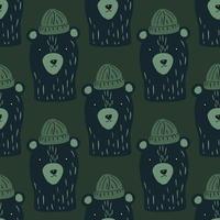 padrão escuro sem costura com urso azul marinho em estampa de chapéu. fundo escuro verde-oliva. estilo doodle de crianças. vetor