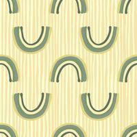 padrão de doodle sem costura de silhuetas de arco-íris verde pastel. estampa simples em estilo escandinavo com fundo listrado bege. vetor
