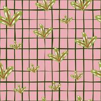 padrão sem emenda de natureza abstrata com silhuetas de folha simples verde. fundo xadrez rosa. arte de rabiscos. vetor
