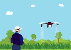 agricultores controlam o uso de drones para pulverizar fertilizantes em campos de arroz. ilustração em vetor conceito de inovação de tecnologia agrícola