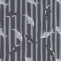 padrão sem emenda de ornamento de desenho animado animal tubarão aleatório. fundo cinza listrado. vetor