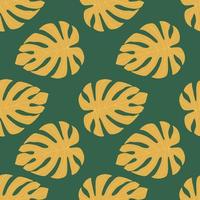 padrão de doodle sem costura de contraste com ornamento de folha de monstera. folhagem exótica laranja sobre fundo verde. pano de fundo floral. vetor