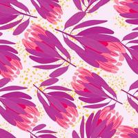 flores de protea roxas e rosa aleatórias mão desenhada sem costura padrão. impressão isolada com salpicos. vetor