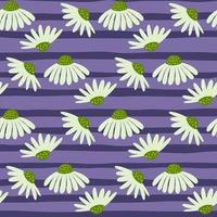 padrão de doodle sem costura de silhuetas de flores margaridas aleatórias. fundo listrado roxo. estampa estilo primavera. vetor