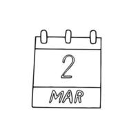 calendário desenhado à mão em estilo doodle. 2 de março. dia internacional do jogo, data. ícone, adesivo, elemento de design vetor