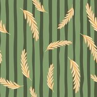 orelha aleatória bege do padrão sem emenda de elementos de trigo no estilo doodle. fundo listrado verde. vetor